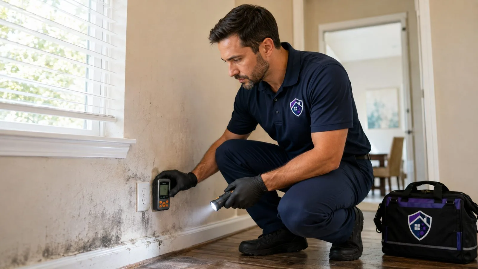 Technician checking wall moisture with a meter beside visible mold growth in a Jacksonville home